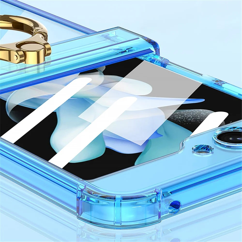 GKK For Samsung Galaxy Z Flip5 5G Ring Kickstand Phone Case Reinforced Corners TPU Cover with Tempered Glass Film - Transparent Purple - 7