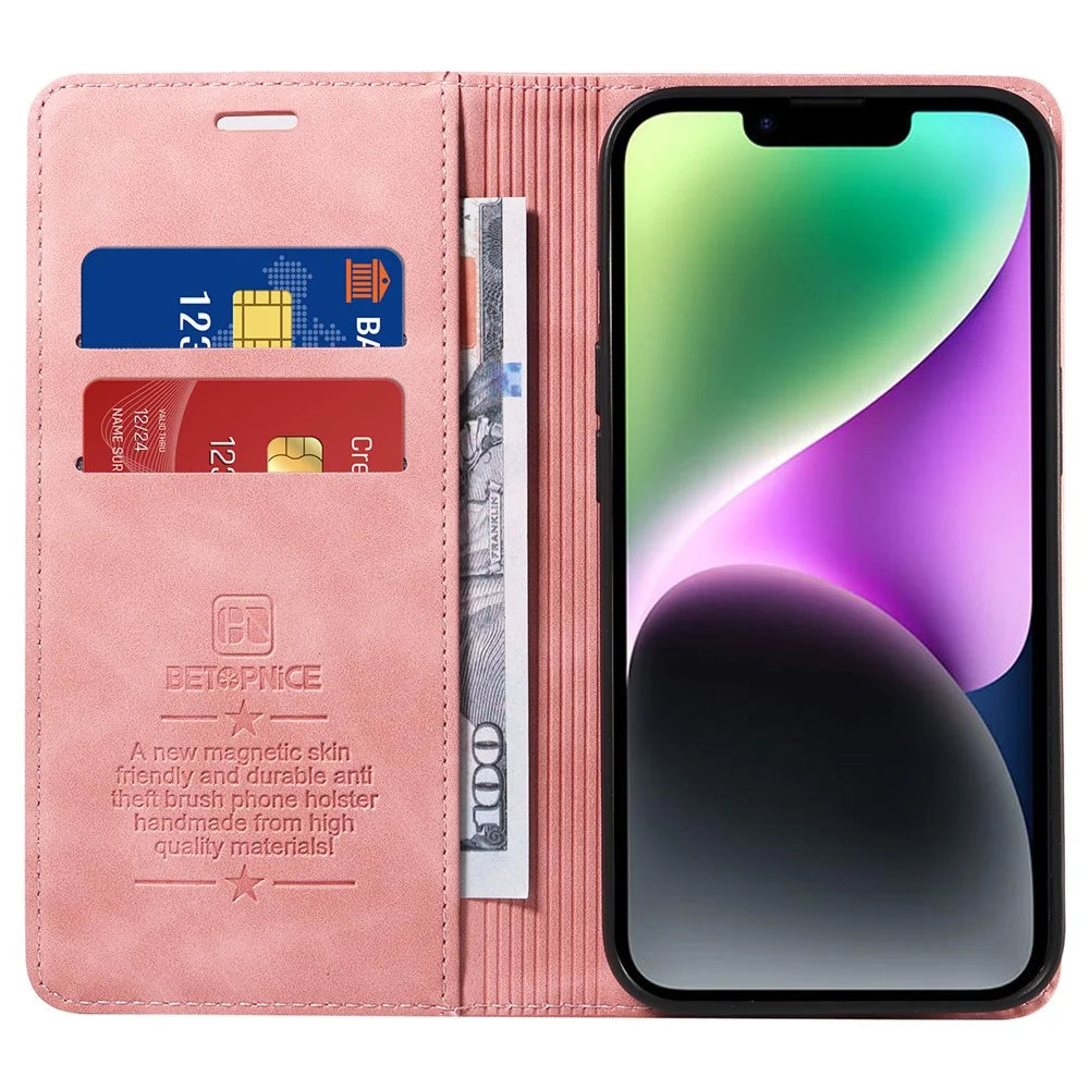 BETOPNICE 003 PU Leather Flip Cover for iPhone 15 Plus , RFID Blocking Stand Wallet Phone Case - Pink - 2