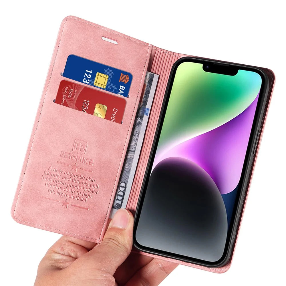 BETOPNICE 003 PU Leather Flip Cover for iPhone 15 Plus , RFID Blocking Stand Wallet Phone Case - Pink - 5