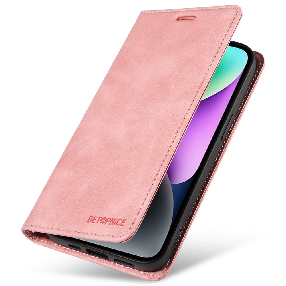 BETOPNICE 003 PU Leather Flip Cover for iPhone 15 Plus , RFID Blocking Stand Wallet Phone Case - Pink - 6