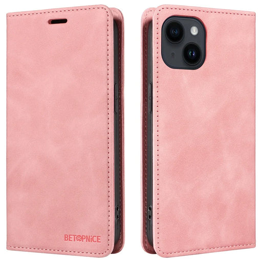 BETOPNICE 003 For iPhone 15 Fully Wrapped PU Leather Cover RFID Blocking Stand Wallet Phone Case - Pink - 1