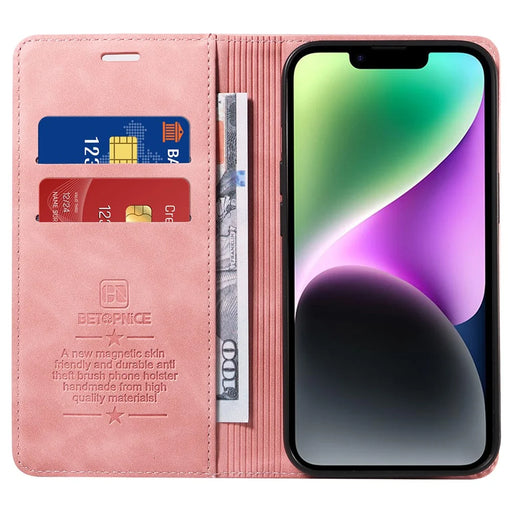 BETOPNICE 003 For iPhone 15 Fully Wrapped PU Leather Cover RFID Blocking Stand Wallet Phone Case - Pink - 2