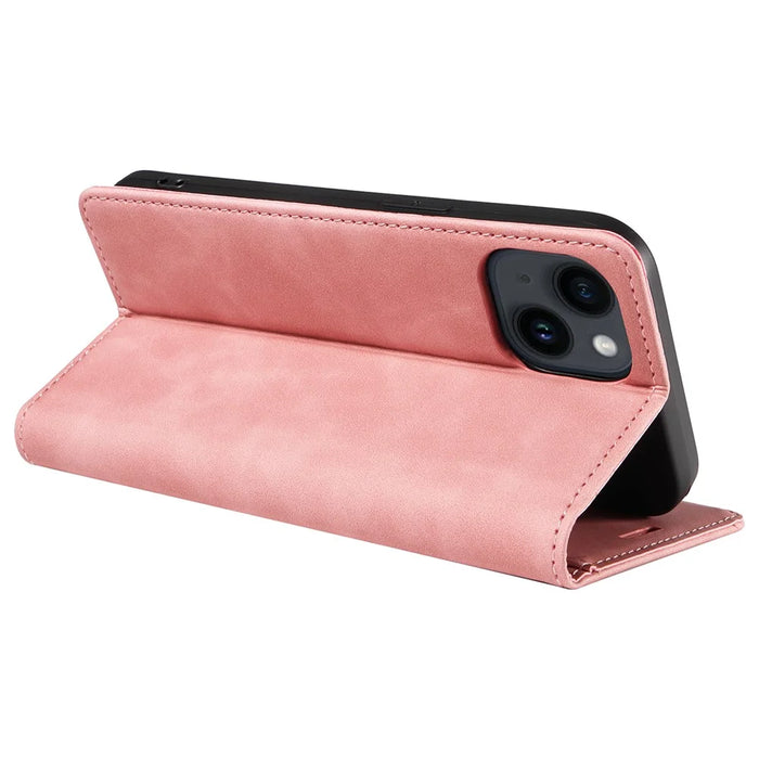 BETOPNICE 003 For iPhone 15 Fully Wrapped PU Leather Cover RFID Blocking Stand Wallet Phone Case - Pink - 4