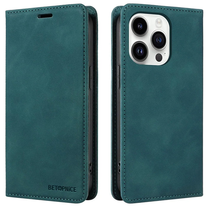 BETOPNICE 003 For iPhone 15 Pro Full Protection Phone Case PU Leather Cover RFID Blocking Stand Wallet Shell - Green - 1