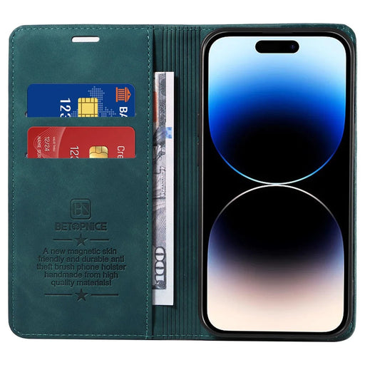 BETOPNICE 003 For iPhone 15 Pro Full Protection Phone Case PU Leather Cover RFID Blocking Stand Wallet Shell - Green - 2