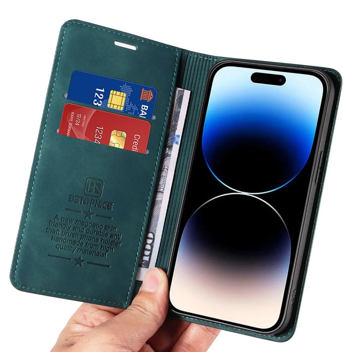 BETOPNICE 003 For iPhone 15 Pro Full Protection Phone Case PU Leather Cover RFID Blocking Stand Wallet Shell - Green - 5