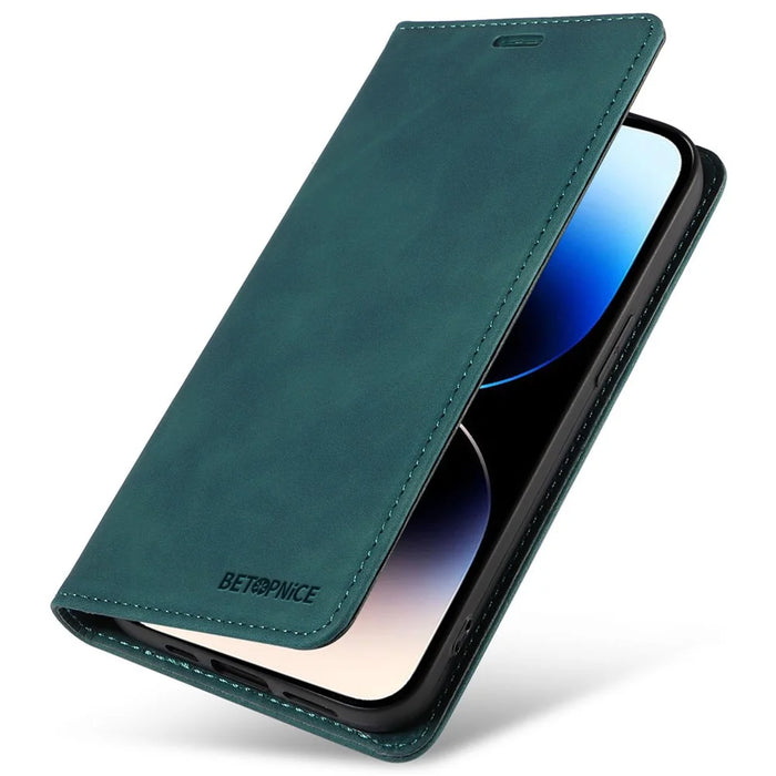 BETOPNICE 003 For iPhone 15 Pro Full Protection Phone Case PU Leather Cover RFID Blocking Stand Wallet Shell - Green - 6