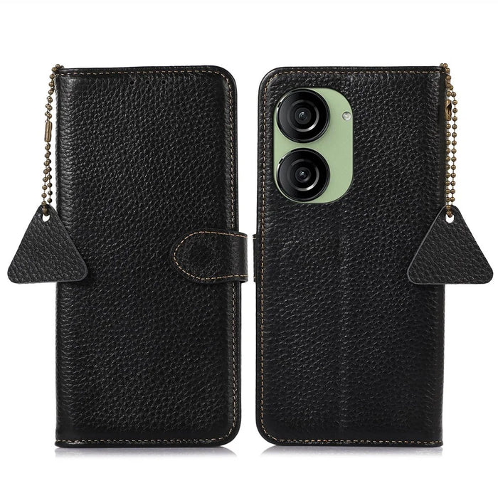 For Asus Zenfone 10 5G / 9 5G Genuine Cow Leather Cover RFID Blocking Wallet Stand Phone Case - Black - 1