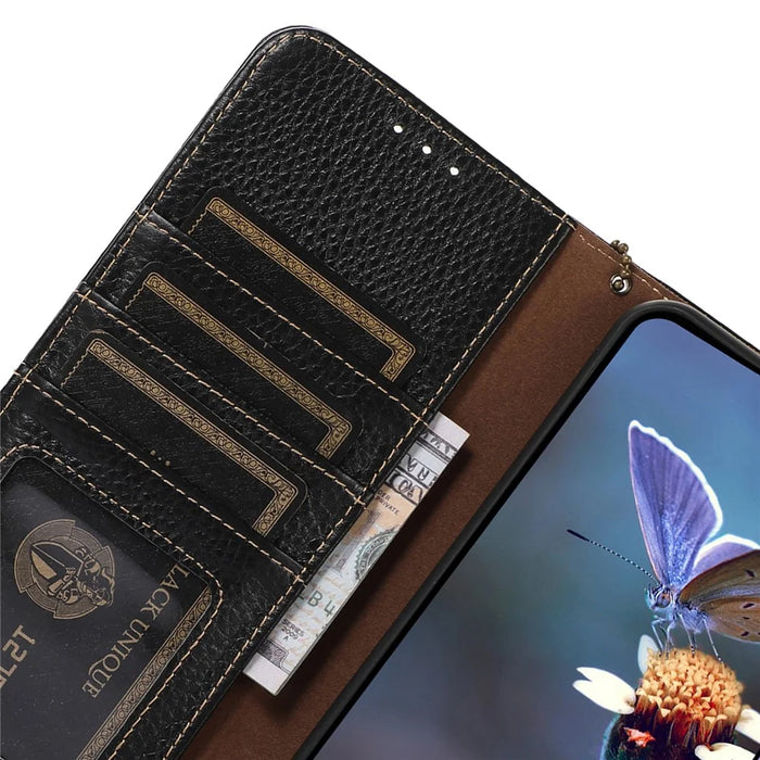 For Asus Zenfone 10 5G / 9 5G Genuine Cow Leather Cover RFID Blocking Wallet Stand Phone Case - Black - 5