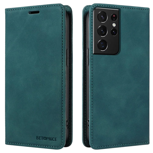 BETOPNICE 003 For Samsung Galaxy S21 Ultra 5G Leather Stand Phone Case RFID Blocking Wallet Cover - Green - 1