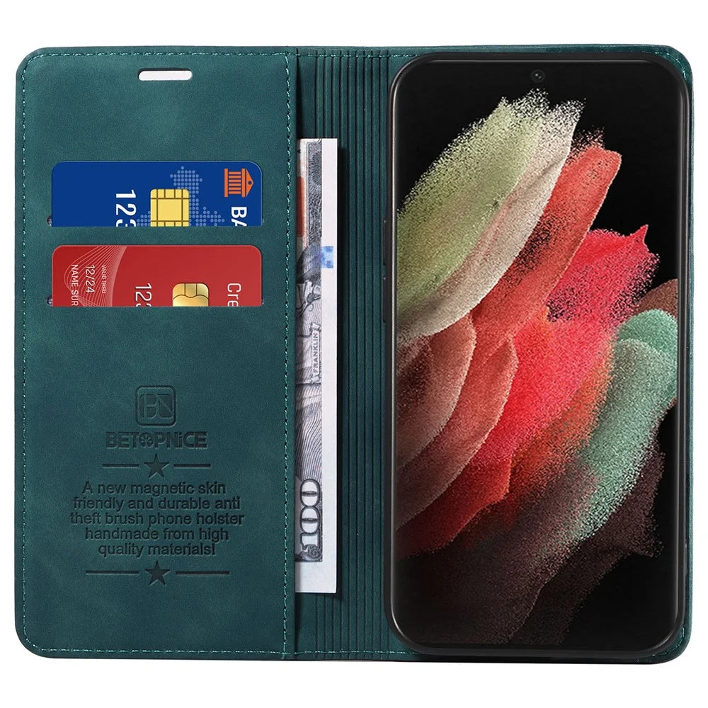 BETOPNICE 003 For Samsung Galaxy S21 Ultra 5G Leather Stand Phone Case RFID Blocking Wallet Cover - Green - 2
