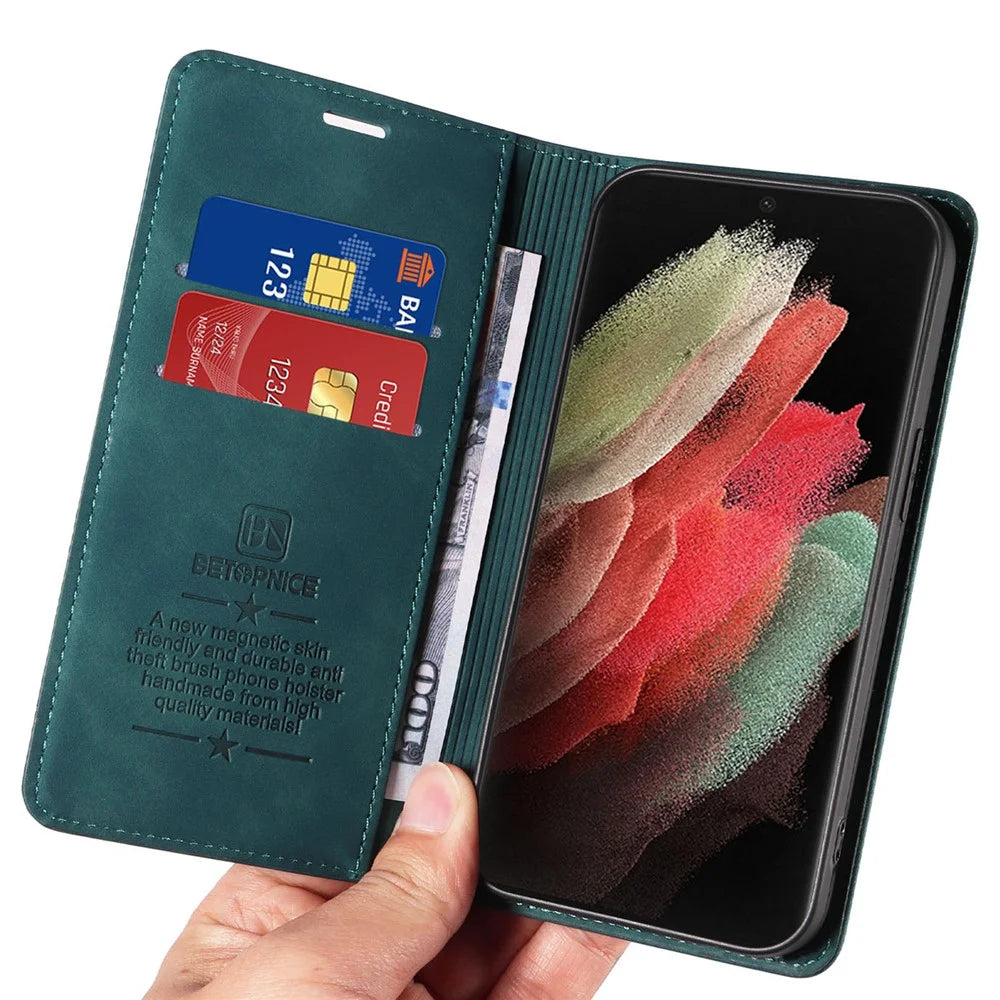 BETOPNICE 003 For Samsung Galaxy S21 Ultra 5G Leather Stand Phone Case RFID Blocking Wallet Cover - Green - 5