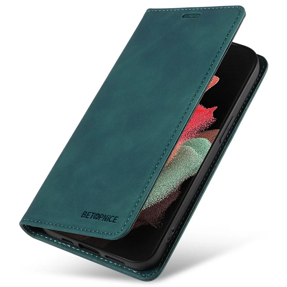 BETOPNICE 003 For Samsung Galaxy S21 Ultra 5G Leather Stand Phone Case RFID Blocking Wallet Cover - Green - 6