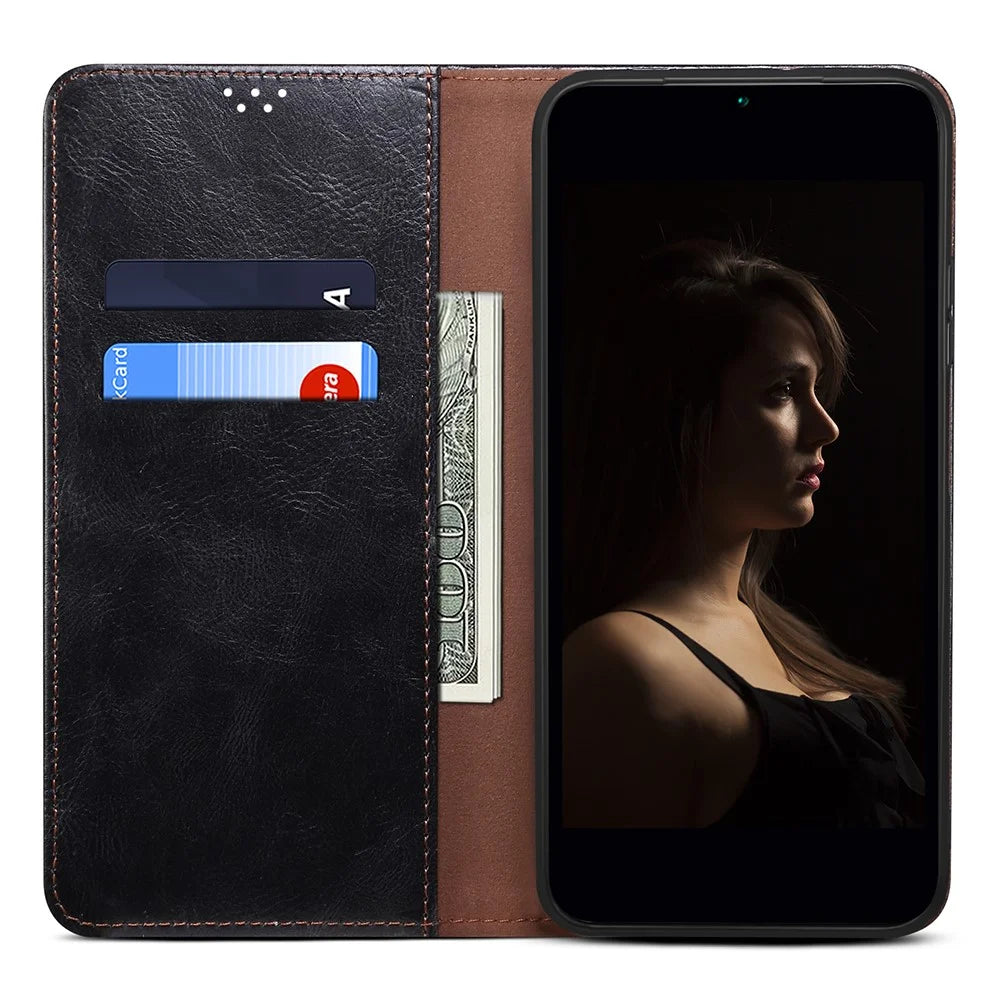 Wallet Case for Samsung Galaxy A25 5G (Global) (161.0 x 76.5 x 8.3mm) PU Leather Phone Shell Waxy Crazy Horse Texture Stand Cover - Black - 2