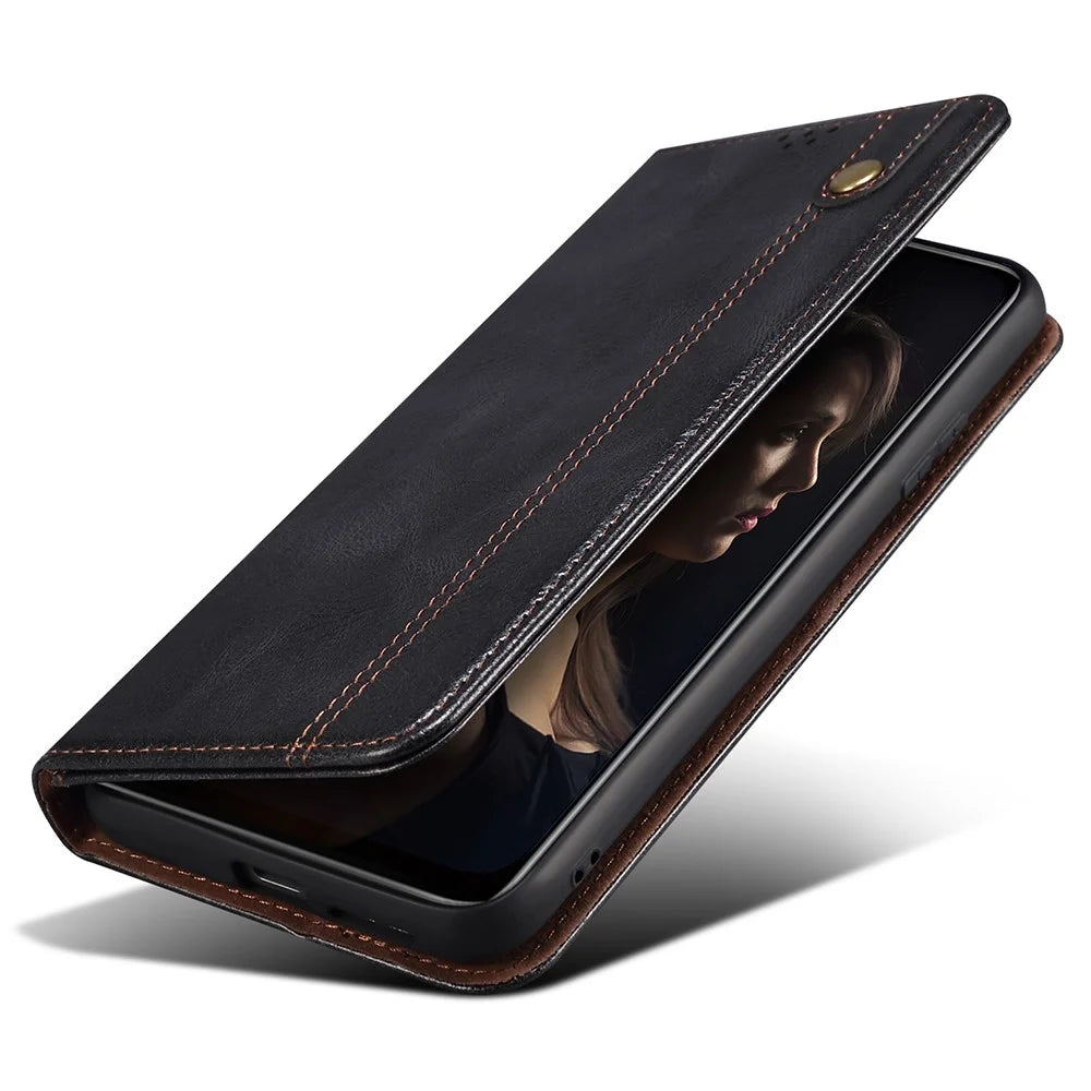 Wallet Case for Samsung Galaxy A25 5G (Global) (161.0 x 76.5 x 8.3mm) PU Leather Phone Shell Waxy Crazy Horse Texture Stand Cover - Black - 6