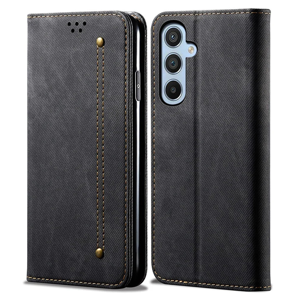 For Samsung Galaxy A25 5G (Global) (161.0 x 76.5 x 8.3mm) Wallet PU Leather Shockproof Cover Jeans Cloth Texture Phone Stand Case - Black - 1