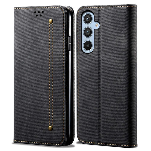 For Samsung Galaxy A25 5G (Global) (161.0 x 76.5 x 8.3mm) Wallet PU Leather Shockproof Cover Jeans Cloth Texture Phone Stand Case - Black - 1