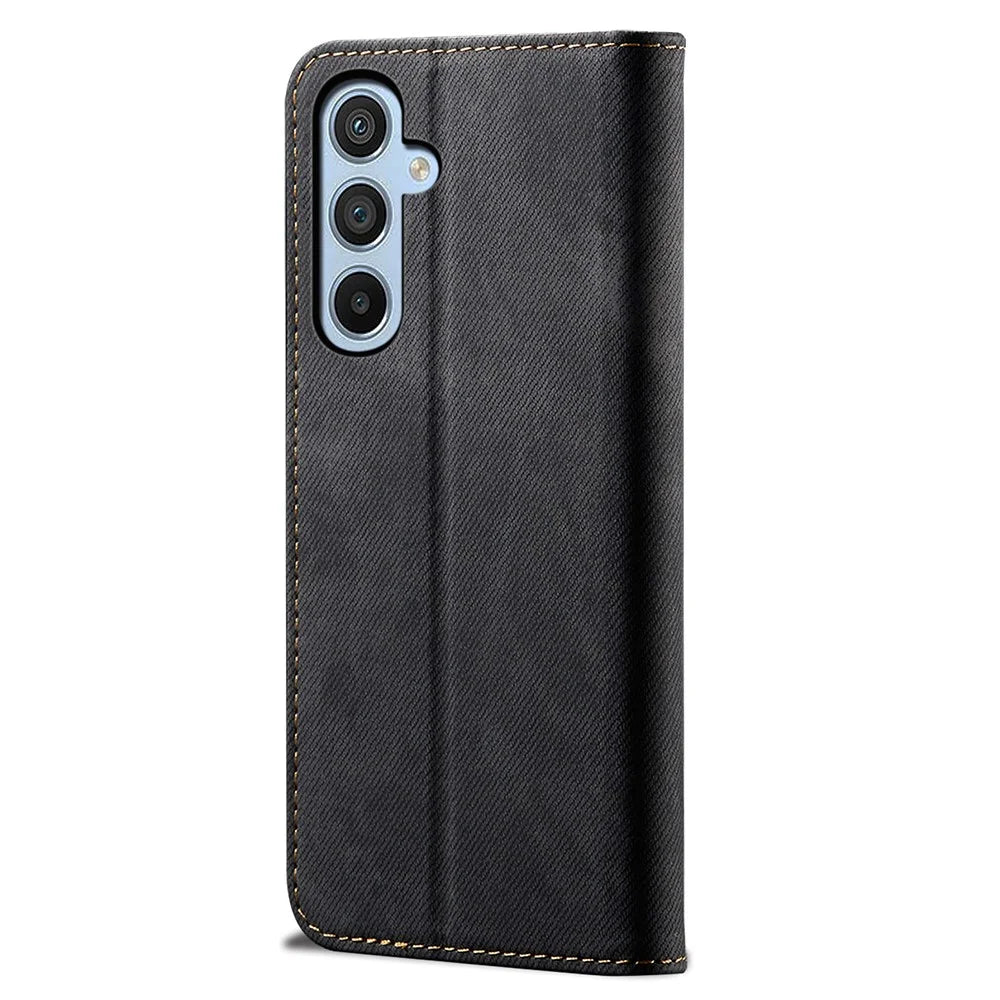 For Samsung Galaxy A25 5G (Global) (161.0 x 76.5 x 8.3mm) Wallet PU Leather Shockproof Cover Jeans Cloth Texture Phone Stand Case - Black - 6
