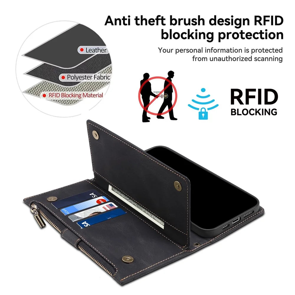 ESEBLE Star Series for Samsung Galaxy A25 5G (Global) (161.0 x 76.5 x 8.3mm) Case Zipper Pocket Wallet RFID Blocking Stand Cover - Black - 5