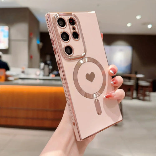 For Samsung Galaxy S22 Ultra 5G Phone TPU Case 6D Electroplating Love Heart Cover Magnetic Case - Pink - 1