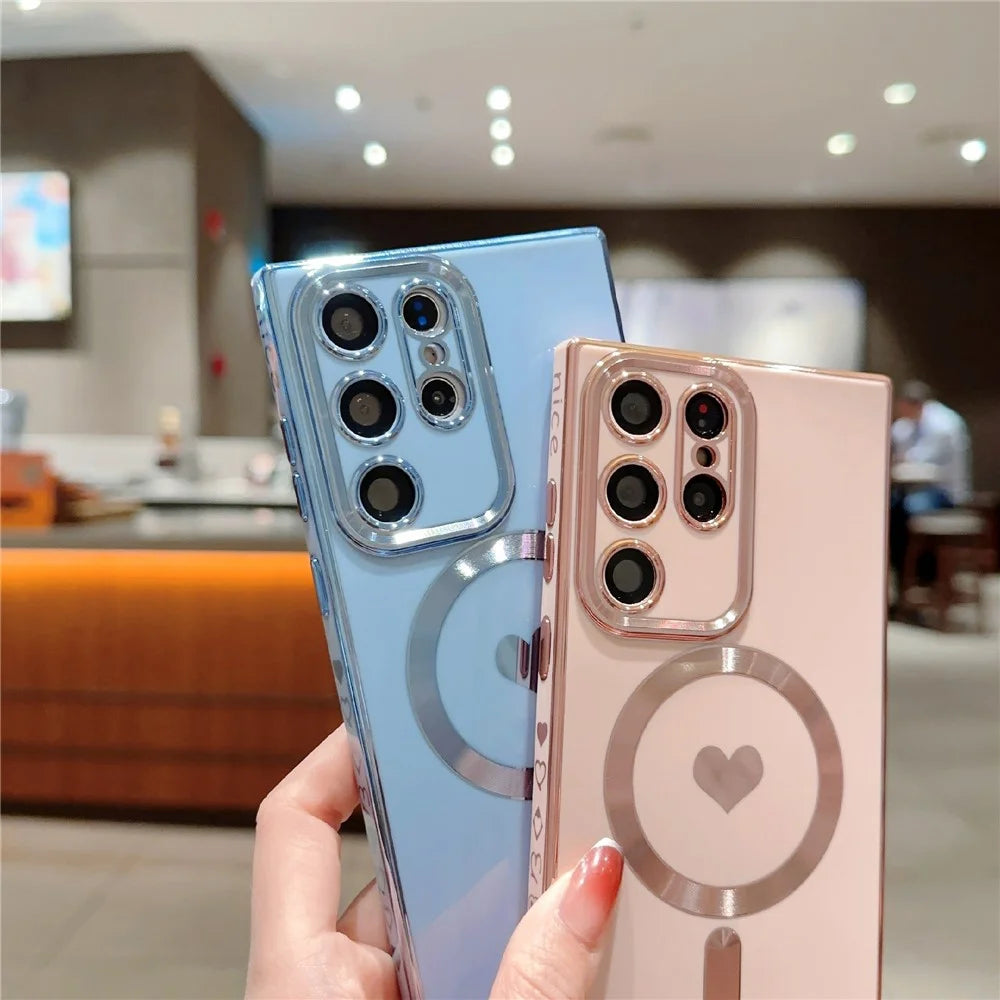 For Samsung Galaxy S22 Ultra 5G Phone TPU Case 6D Electroplating Love Heart Cover Magnetic Case - Pink - 4
