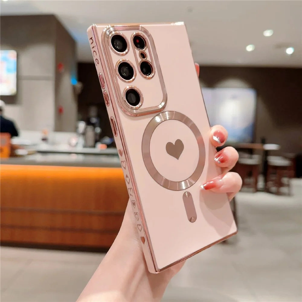 For Samsung Galaxy S23 Ultra 6D Electroplating Love Heart Phone Case TPU Cover Magnetic Case - Pink - 1