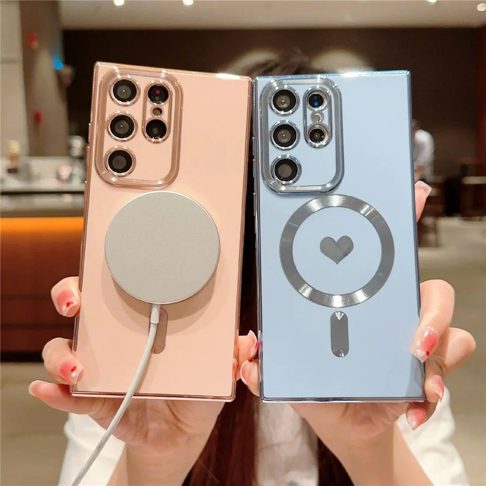For Samsung Galaxy S23 Ultra 6D Electroplating Love Heart Phone Case TPU Cover Magnetic Case - Pink - 2