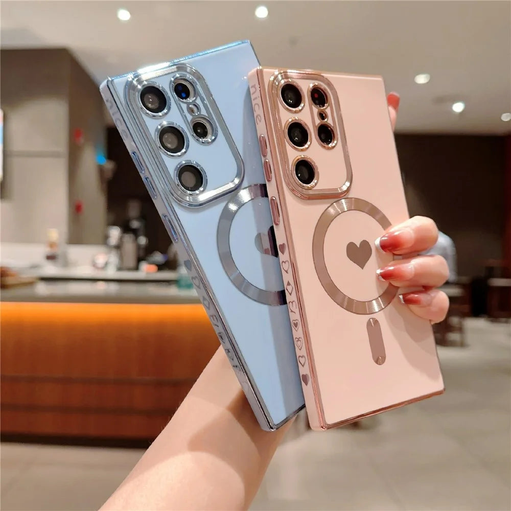 For Samsung Galaxy S23 Ultra 6D Electroplating Love Heart Phone Case TPU Cover Magnetic Case - Pink - 3