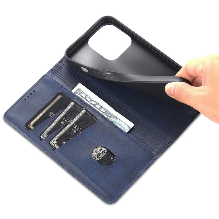 AZNS For iPhone 15 Pro Max PU Leather Wallet Phone Cover Stand Protective Case - Blue - 5