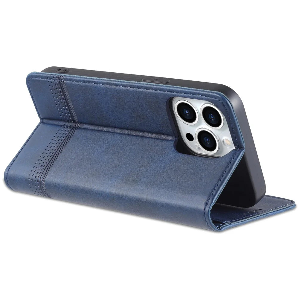 AZNS For iPhone 15 Pro PU Leather Wallet Case Full Protection Phone Cover with Stand - Blue - 4