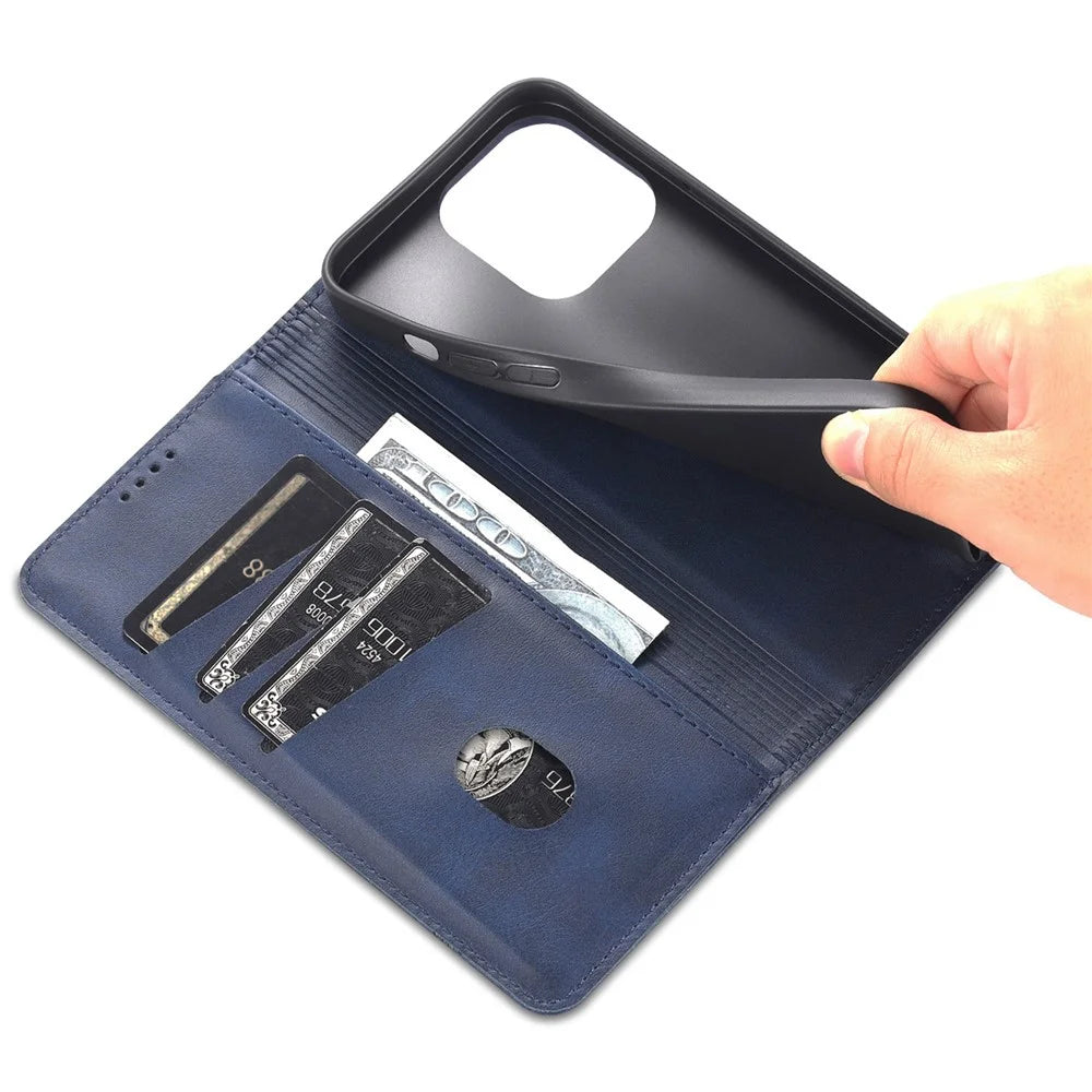 AZNS For iPhone 15 Pro PU Leather Wallet Case Full Protection Phone Cover with Stand - Blue - 5