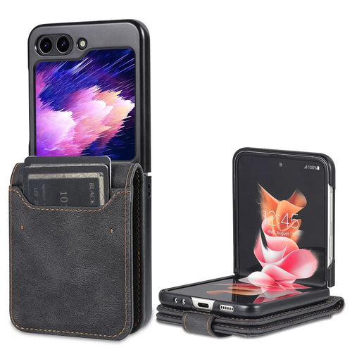 AZNS For Samsung Galaxy Z Flip5 5G PU Leather Phone Case Kickstand Card Slots Cover - Black - 1