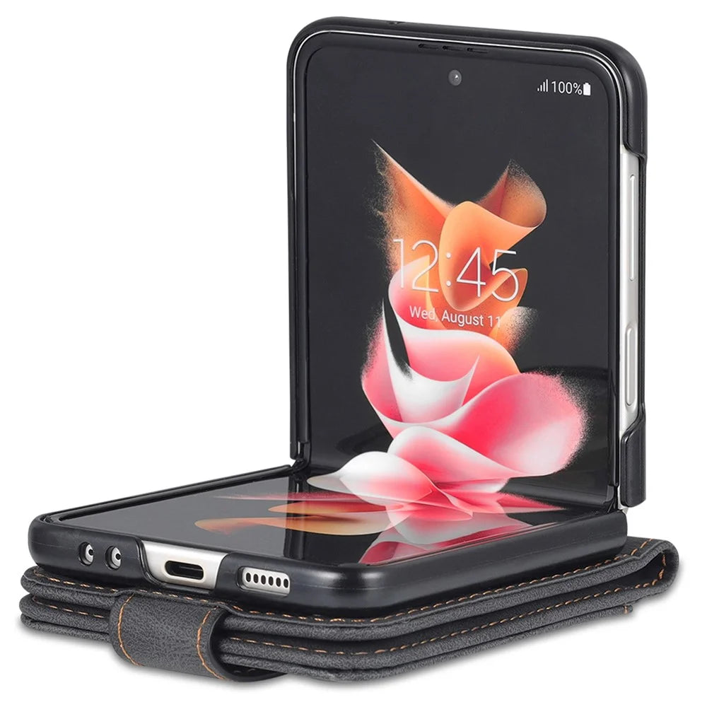 AZNS For Samsung Galaxy Z Flip5 5G PU Leather Phone Case Kickstand Card Slots Cover - Black - 3