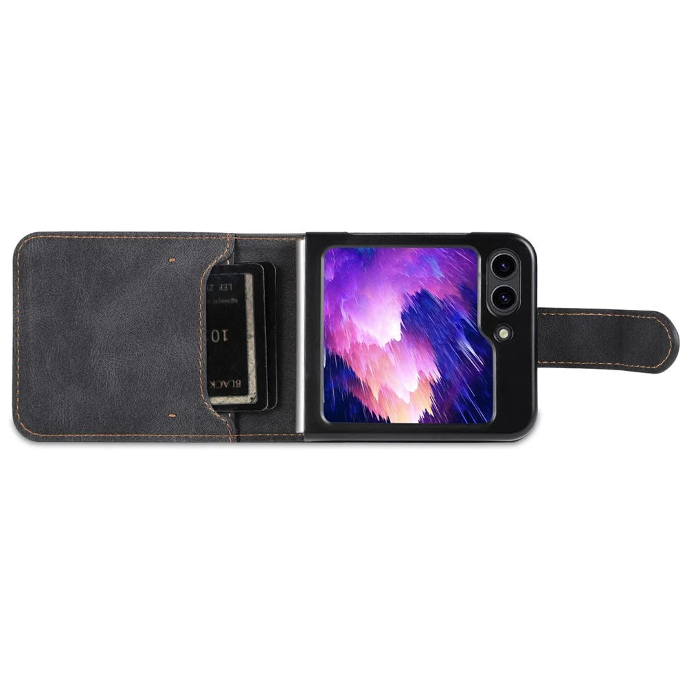 AZNS For Samsung Galaxy Z Flip5 5G PU Leather Phone Case Kickstand Card Slots Cover - Black - 5