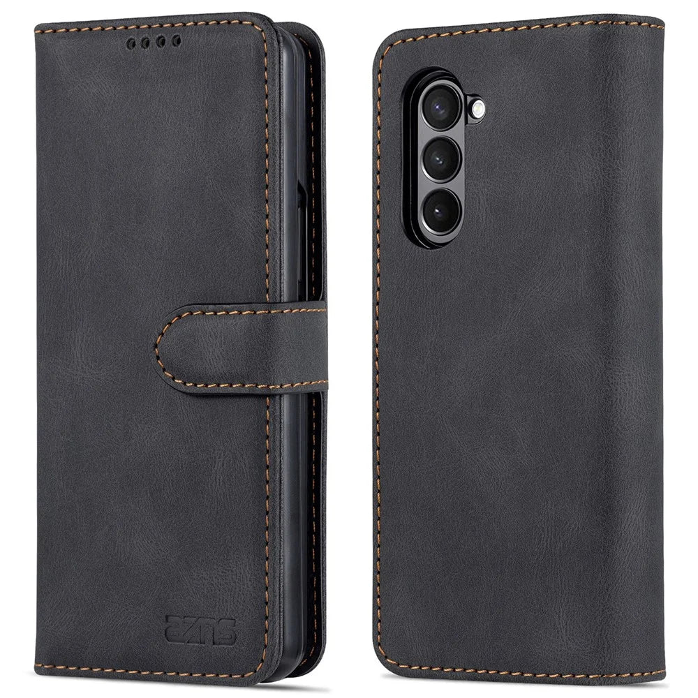 AZNS For Samsung Galaxy Z Fold5 5G PU Leather Wallet Phone Case Kickstand Shockproof Cover - Black - 1