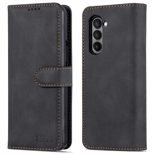 AZNS For Samsung Galaxy Z Fold5 5G PU Leather Wallet Phone Case Kickstand Shockproof Cover - Black - 1