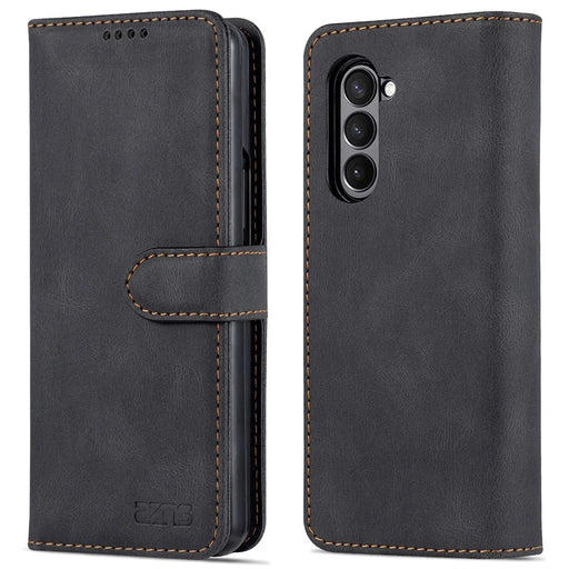 AZNS For Samsung Galaxy Z Fold5 5G PU Leather Wallet Phone Case Kickstand Shockproof Cover - Black - 1