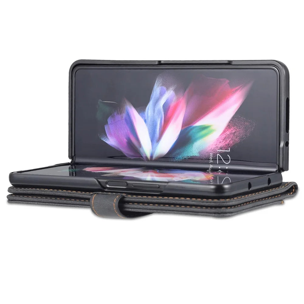 AZNS For Samsung Galaxy Z Fold5 5G PU Leather Wallet Phone Case Kickstand Shockproof Cover - Black - 3