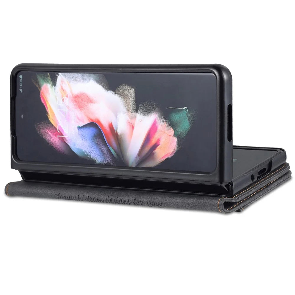 AZNS For Samsung Galaxy Z Fold5 5G PU Leather Wallet Phone Case Kickstand Shockproof Cover - Black - 4
