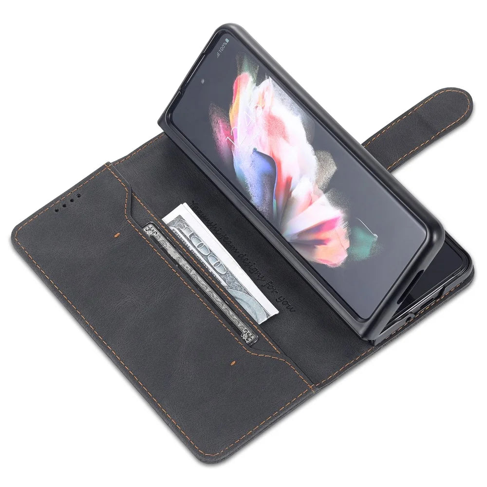 AZNS For Samsung Galaxy Z Fold5 5G PU Leather Wallet Phone Case Kickstand Shockproof Cover - Black - 5