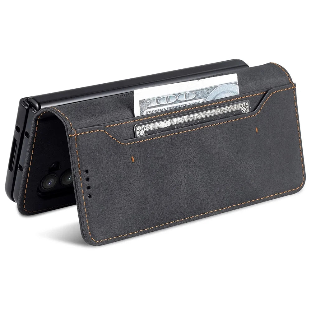 AZNS For Samsung Galaxy Z Fold5 5G PU Leather Wallet Phone Case Kickstand Shockproof Cover - Black - 6