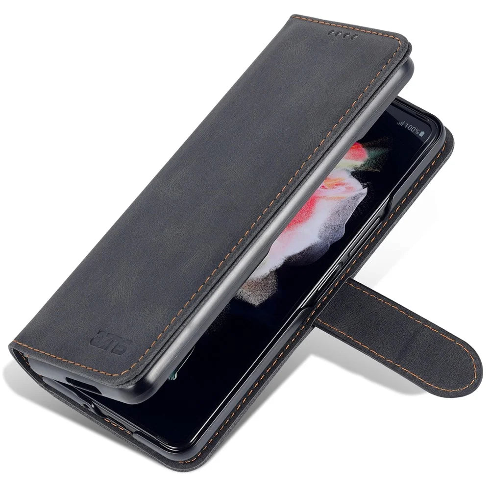 AZNS For Samsung Galaxy Z Fold5 5G PU Leather Wallet Phone Case Kickstand Shockproof Cover - Black - 7