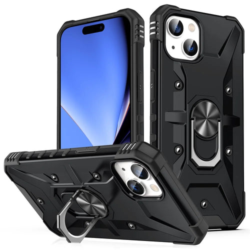 For iPhone 15 TPU+ PC Protective Phone Case Ring Holder Kickstand Back Cover - Black - 1