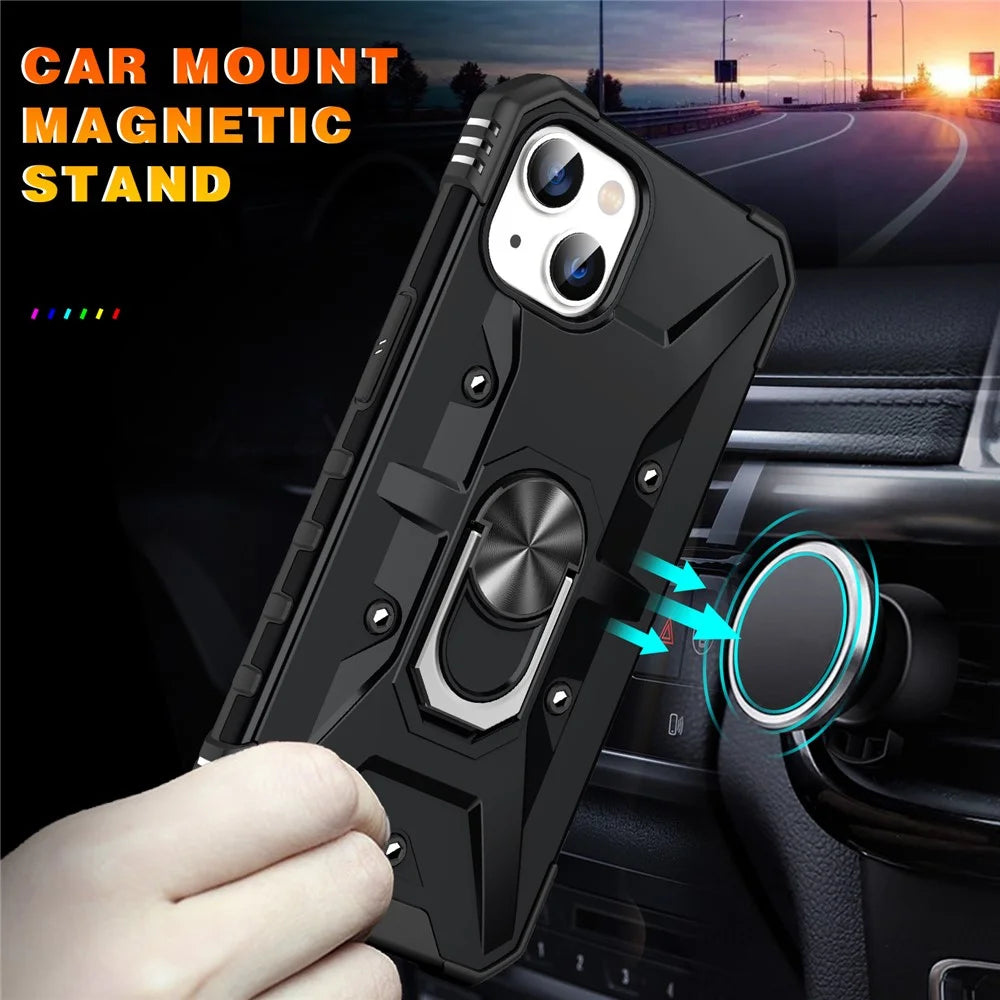 For iPhone 15 TPU+ PC Protective Phone Case Ring Holder Kickstand Back Cover - Black - 7