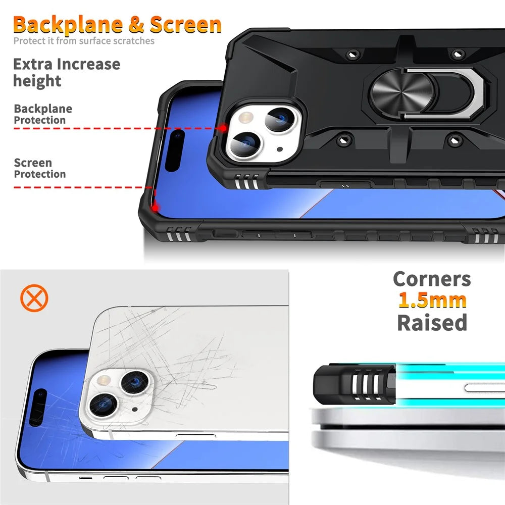 For iPhone 15 Plus Kickstand Case Work with Magnetic Car Mount PC+ TPU Phone Cover - Black - 6