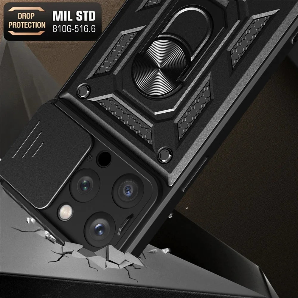 For iPhone 15 Pro Anti-Dust Cell Phone Case PC+TPU Kickstand Camera Lens Slide Cover Phone Shell - Black - 3