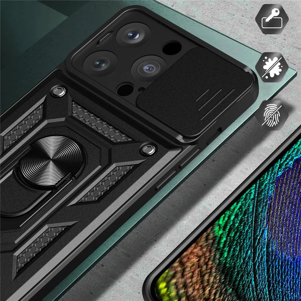 For iPhone 15 Pro Anti-Dust Cell Phone Case PC+TPU Kickstand Camera Lens Slide Cover Phone Shell - Black - 5