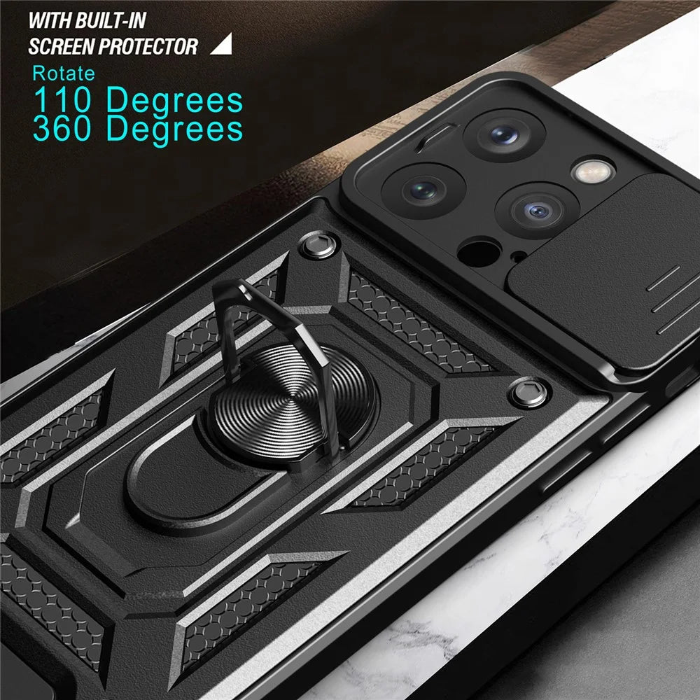 For iPhone 15 Pro Anti-Dust Cell Phone Case PC+TPU Kickstand Camera Lens Slide Cover Phone Shell - Black - 7