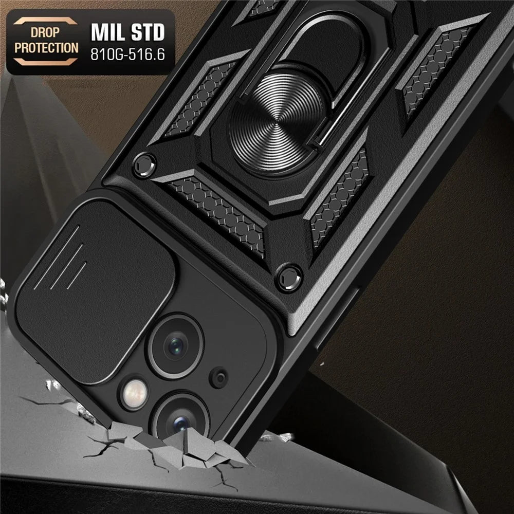 For iPhone 15 Slide Camera Lens Cover Shockproof Mobile Phone Case PC+TPU Kickstand Phone Shell - Black - 3