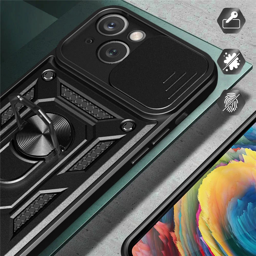 For iPhone 15 Slide Camera Lens Cover Shockproof Mobile Phone Case PC+TPU Kickstand Phone Shell - Black - 5